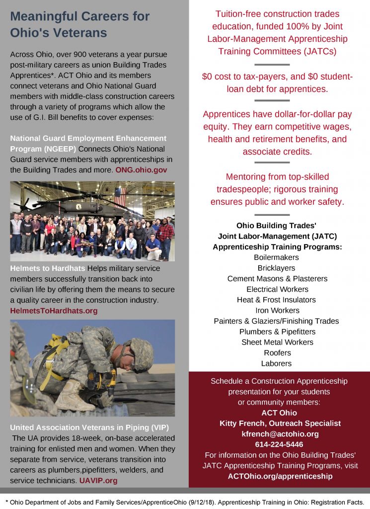 Building Trades Apprenticeships: Ohio's Affiliated Construction Trades are committed to providing equitable access to middle-class construction careers for all Ohioans. At 80 Building Trades JATC Apprenticeship Training Centers across the state, a diverse new generation of union construction apprentices are training for careers in a variety of skilled trades. 8 out of 10 construction apprentices in Ohio begin their careers in Building Trades Training Programs: Tuition-free construction trades education, funded 100% by Joint Labor-Management Apprenticeship Training Committees (JATCs) $0 cost to tax-payers, and $0 student-loan debt for apprentices Apprentices have dollar-for-dollar pay equity. They earn competitive wages, health and retirement benefits, and associated credits. Mentoring from top-skilled tradespeople; rigorous training ensures public and worker safety.